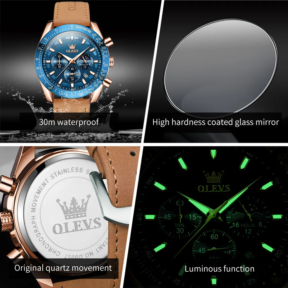 OLEVS Sports Chronograph Quartz Watch for Men Leather Waterproof Luminous Date Moon Phase Mens Watches Top Brand Luxury Clock