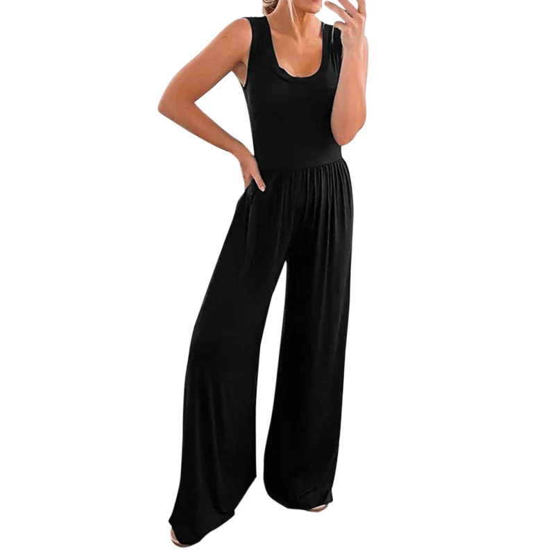 Elegant Woman Jumpsuits Women Casual Loose jumpsuti Sleeveless Tank Jumpsuits High Waist Low Cut Casual O Neck Flare Long