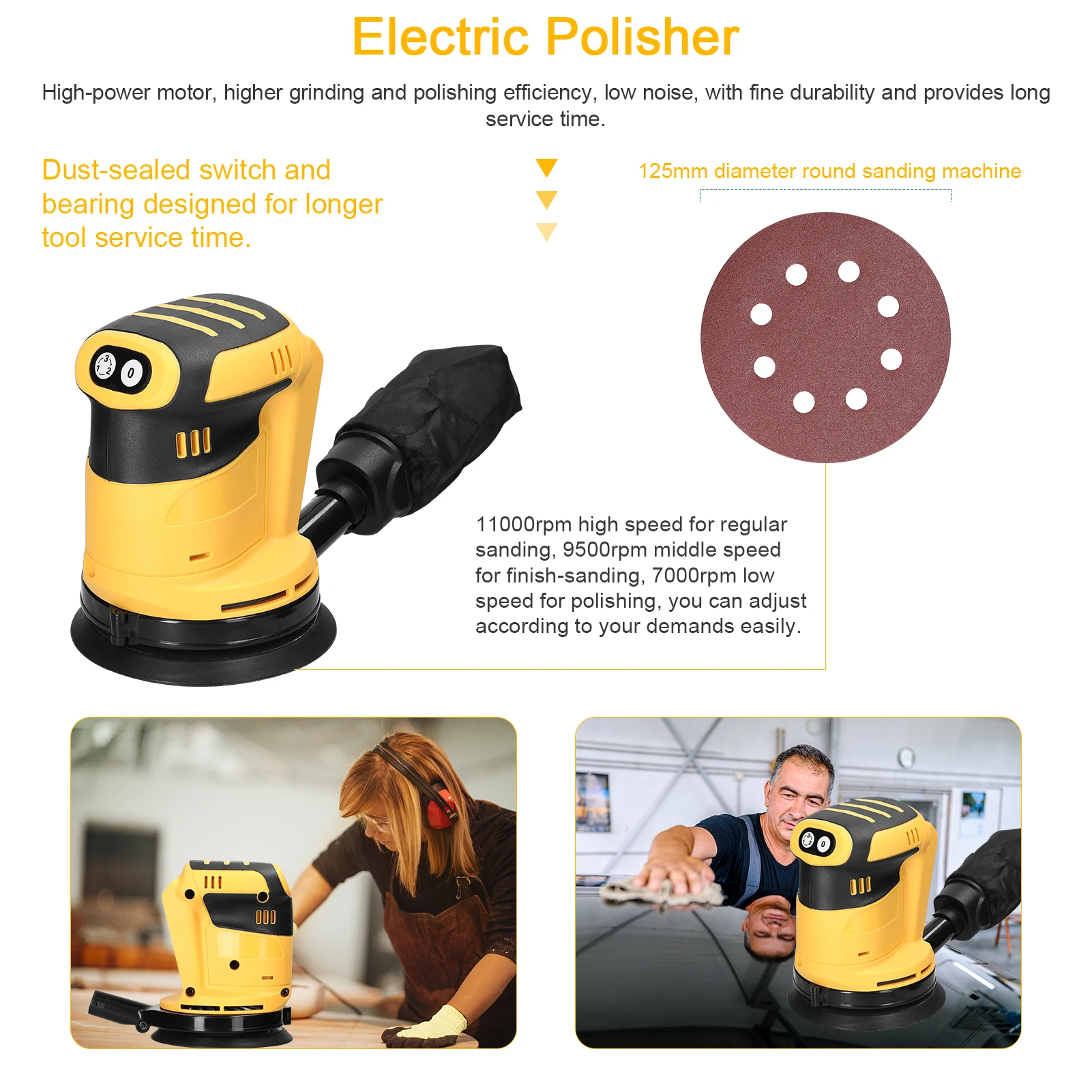 125 mm Orbital Sander Car Polisher Wood and Metal Polisher For Dewalt/Makita Battery Rechargeable Electric 3