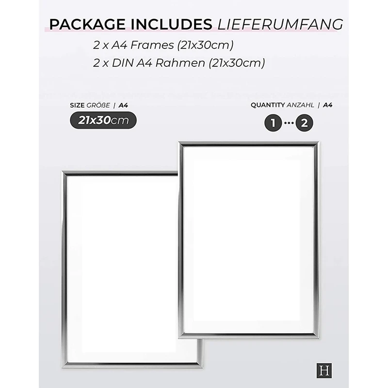 4 Picture Frames, A4 Silver Picture Frames, With Unbreakable S, Picture Frames For Family Photos, 21X30 CM
