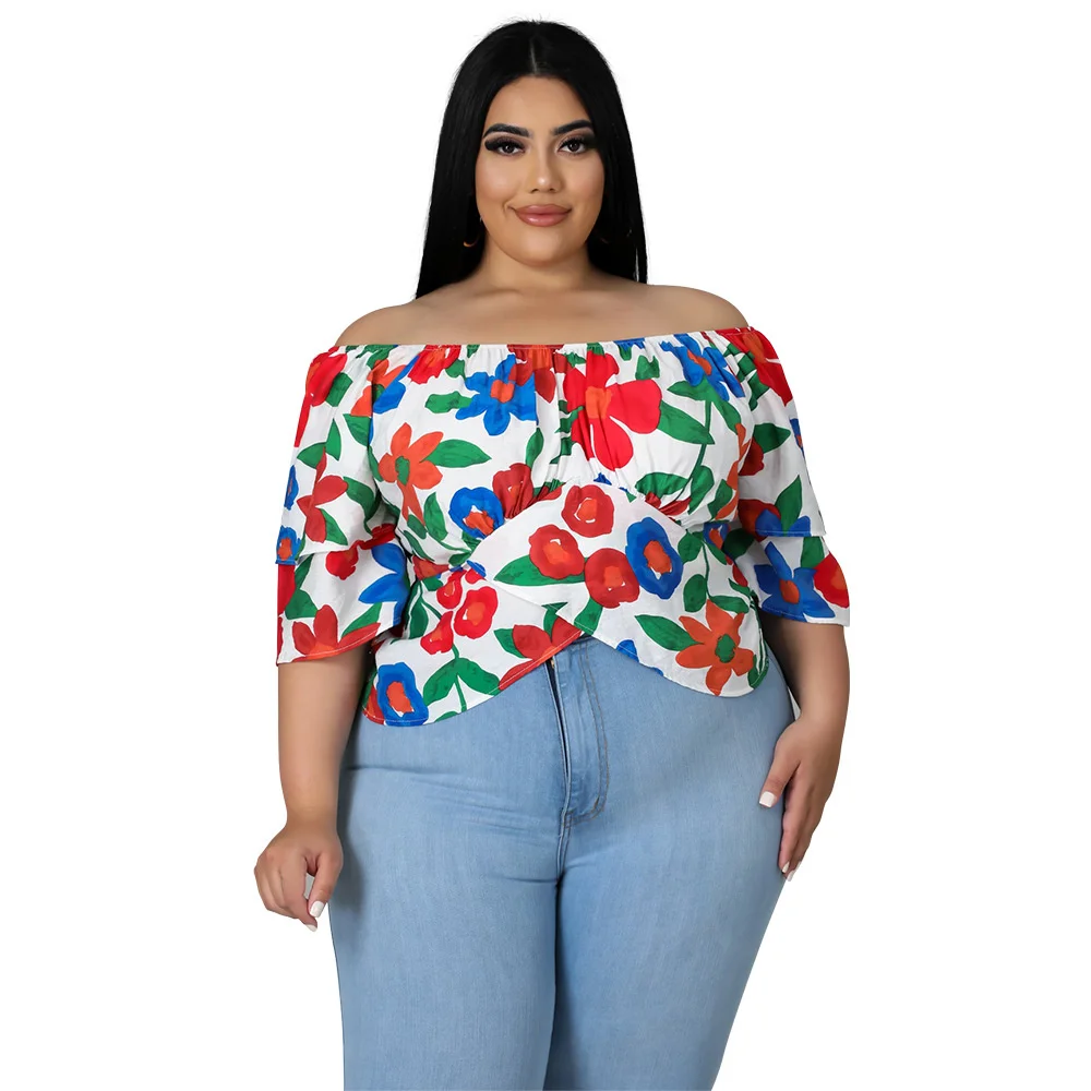 

Plus Size Blouse Women Fashion Leisure One Shoulder Fresh Summer Large Size Top With 7-point Sleeve At The Back