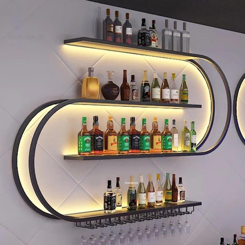 Nordic Iron Art Wine Cabinets with Light Wall Mounted Wine Rack Creative Geometric Art Restaurant Showcase for Bar Furniture