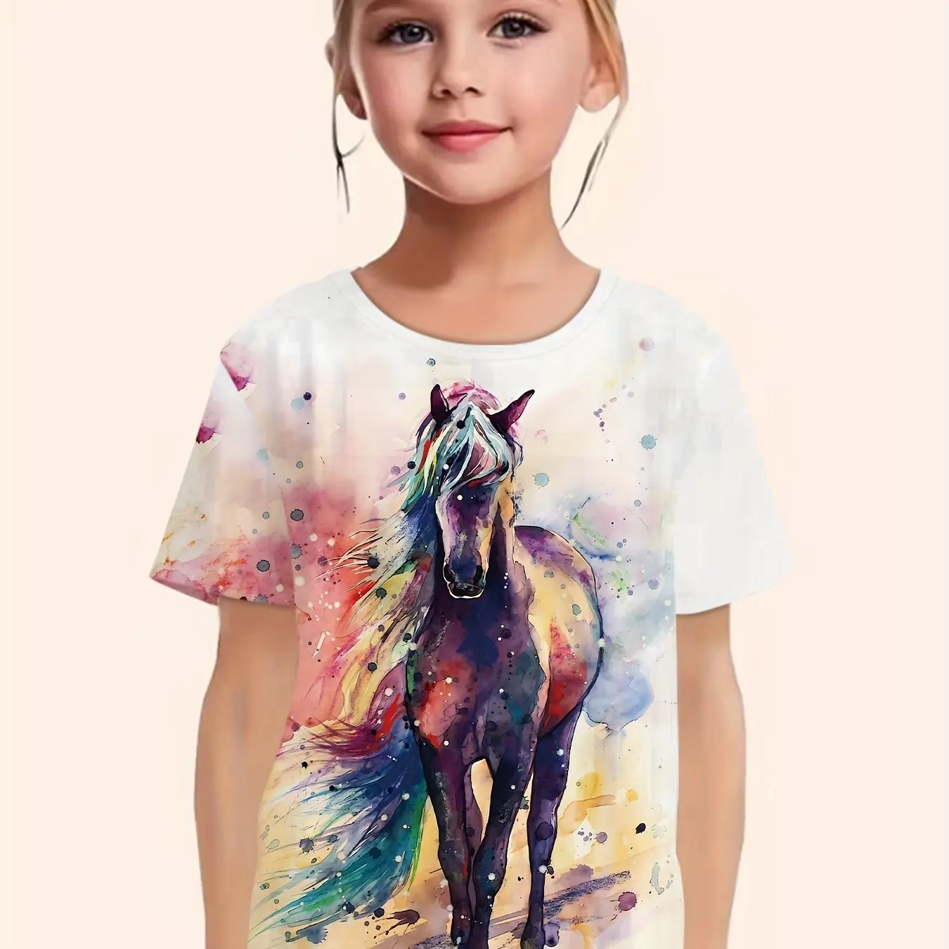 Children's Clothing Girl Clothes Short Sleeve Girl T-Shirt Casual Vintage Horse Print Kids Summer Clothes Girl Top O-Neck Tee﻿s 1