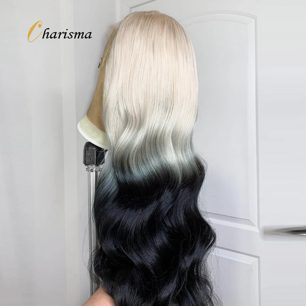 

Charism Synthetic Lace Front Wig 60 Platinum Blonde to Black Ombre Wig Pre Plucked Natural Hairline Lace Frontal Wigs for Women