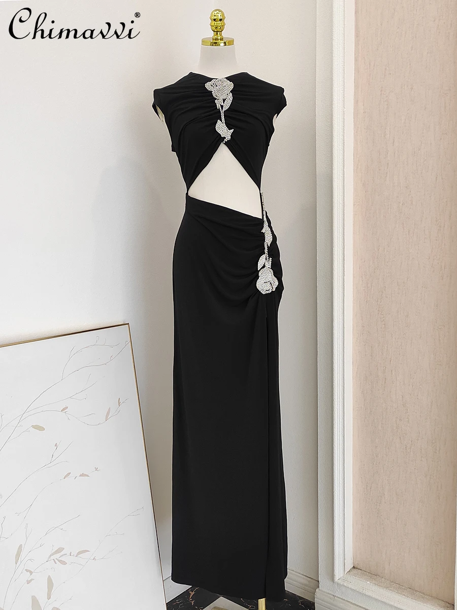 

French Luxury Elegant Round Neck Sleeveless Diamond 3D Flower Pleated Cutout High Waist Split Slim Fit Evening Long Dress Women