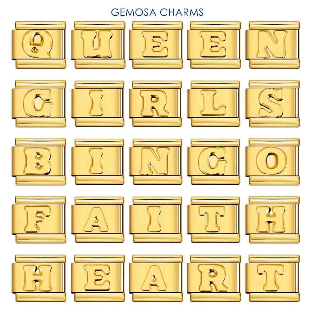 GEMOSA 9 mm kreatives englisches 26 A-Z konkaves goldfarbenes Buchstaben-Charm-Glied, italienisches Edelstahl-Armband, Herstellung von DIY-Schmuck, Geschenk