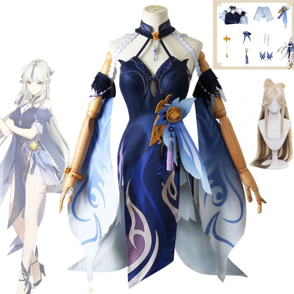 

Genshin Impact Ningguang-vestidos de Cosplay para mujer, disfraces y accesorios de juego, peluca Ning Guang, tocado