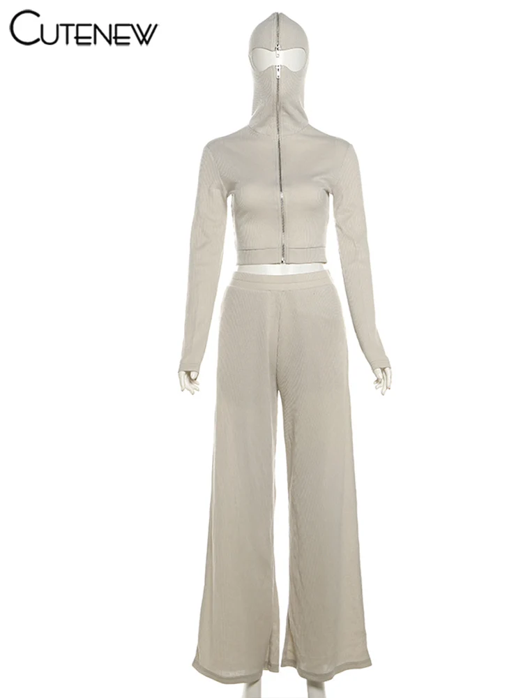 Classic Sporty Women 2Piece Set Concise Autumn Tracksuits Solid Hooded Zip-up Crop Tops+Matching Pants Female Knit Suits