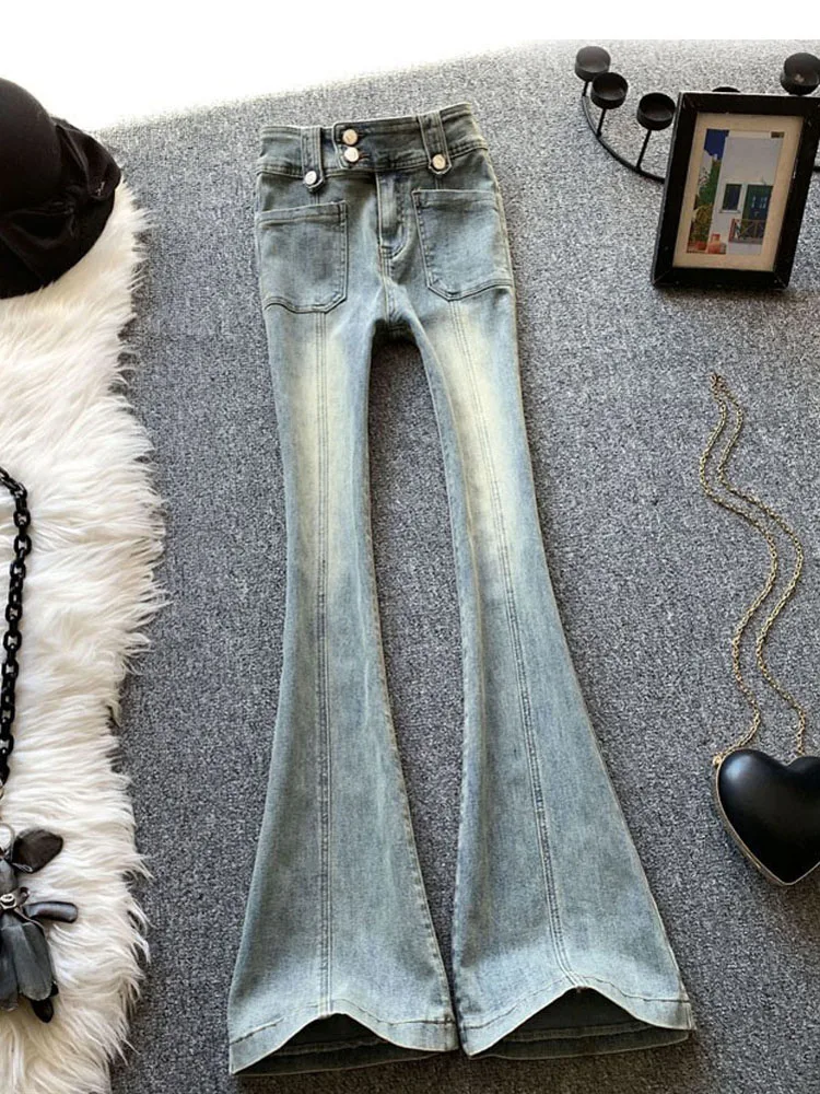 아메리칸 스타일 빈티지 하이 웨이스트 마이크로 플레어 청바지 여성 여름 슬리밍 플레어 레깅스 신축성있는 와이드 레그 데님 바지 