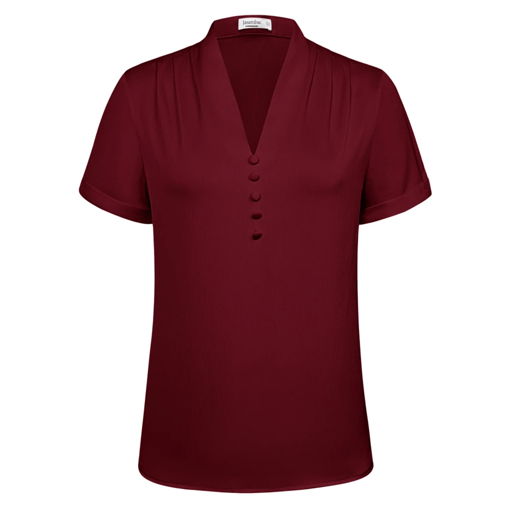 Jasambac Shirt Women V-Neck Blouse OL Comfy Short-Sleeve Pullover Tops Summer Blouses Female Causal T-Shirts Blusas Femininas