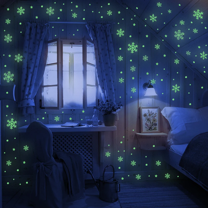 Description Picture 6 of itemNew Year Christmas Snowflake Window Stickers Glow In The Dark Luminous Wall Stickers For Home Room Wall Decal Xmas Party Decor