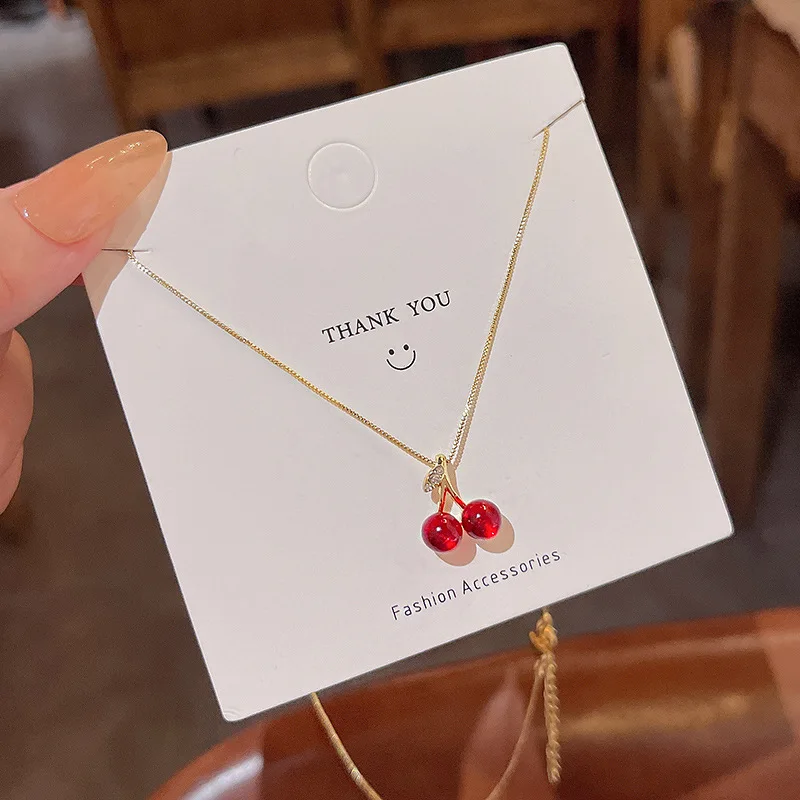 

Fashion Korean Wine Red Cherry Pendant Necklace for Women New Trend Girl Wedding Banquet Jewelry Accessories Collarbone Chain