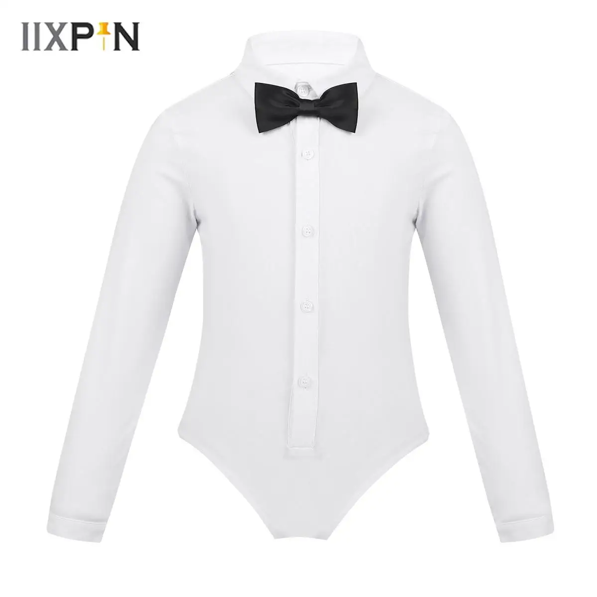 Dance Bodysuit Kids Boys Latin Dance Costumes Cotton One-Piece Long Sleeves Lapel Bowtie Romper Shirt Leotard Bodysuit Modern Ballet Dancewear