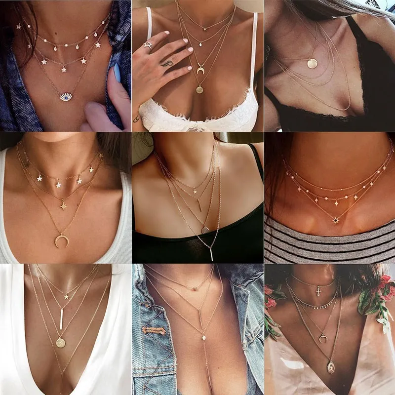

ZWC Vintage Multi-layer Metal Coin Chain Choker Necklace For Women personality Gold Silver Color Fashion Chain Necklaces Jewelry