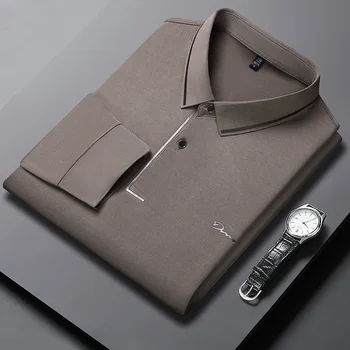 Camicia a maniche lunghe casual da lavoro da uomo nuova con stemma Polo tinta unita Top versatile confortevole e traspirante alla moda
