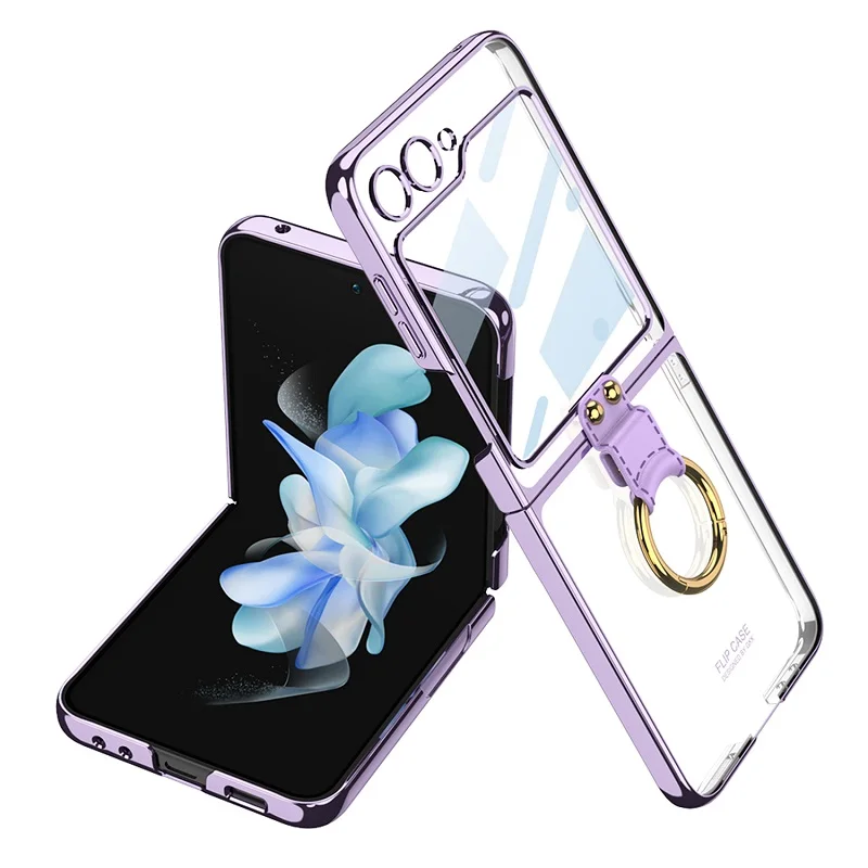 

Luxury GKK Glossy Plating Transparent Phone Case for Samsung Galaxy Z Flip 4 5 Flip5 Cover with Ring Bracket 9H Glass Protector