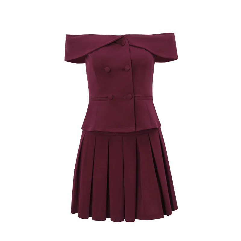 Xeemilo Sexy Y2K Two-Piece Summer Strapless Double Breasted Slim Fit Collar Top And Mini Pleated Skirt Street Club Women's Set