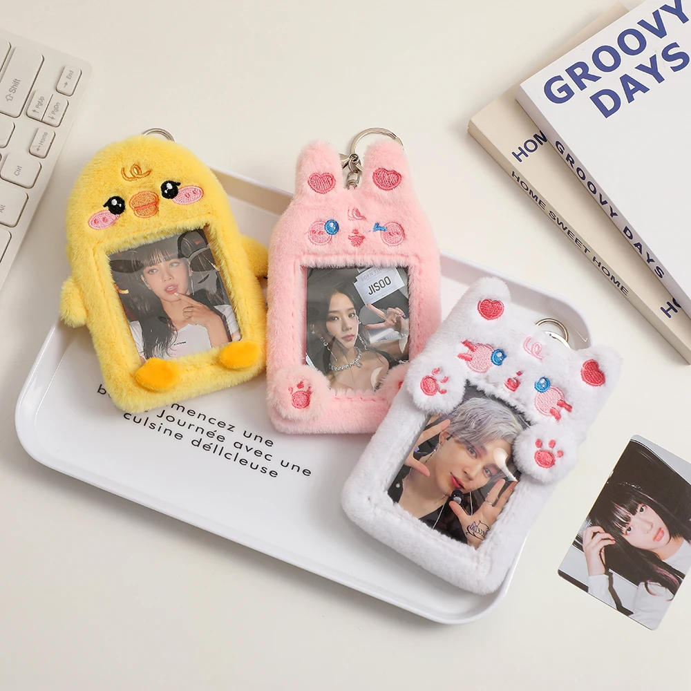 Kawaii Plush Photocard Holder Rabbit Bear Cat Kpop Idol Photo Card Holder Girl Cute Keychain ID Credit Bank Protector Stationery