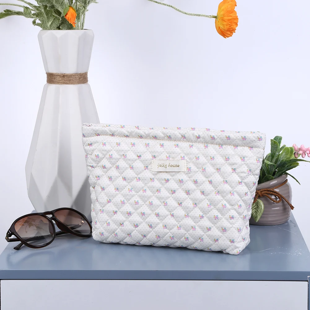Cotton Floral Makeup Organizer Pouch with Zipper Storage