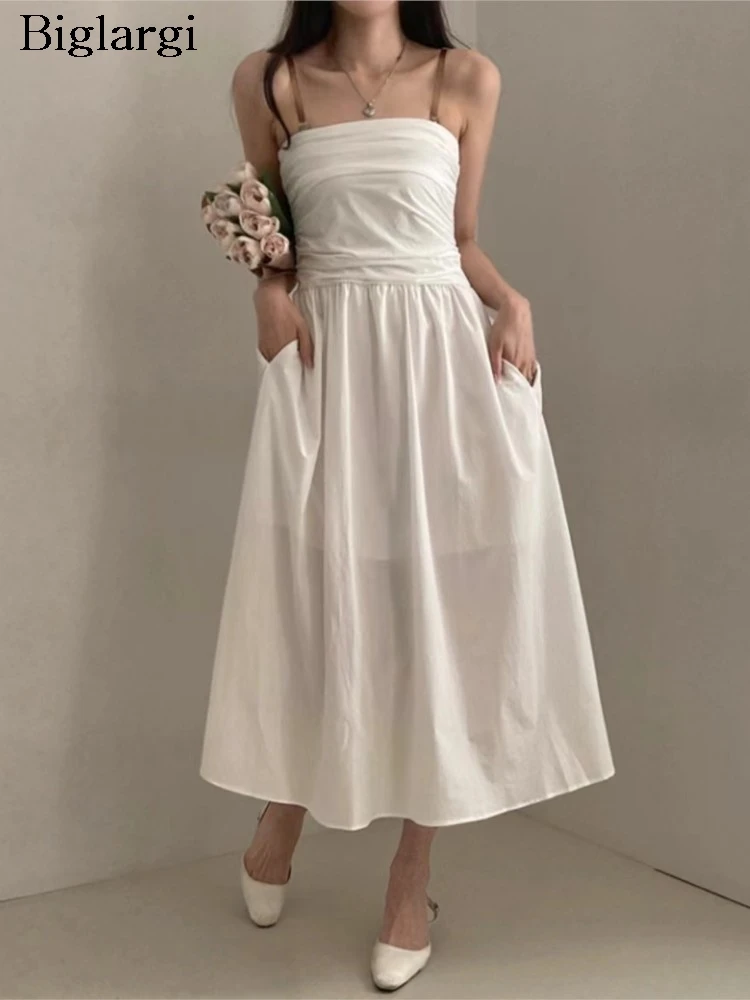 

Summer Sleeveless Backless Dress Women Slim Waist Fashion Elegant Ruffle Ladies Dresses Korean Style Pleated Woman Long Dress