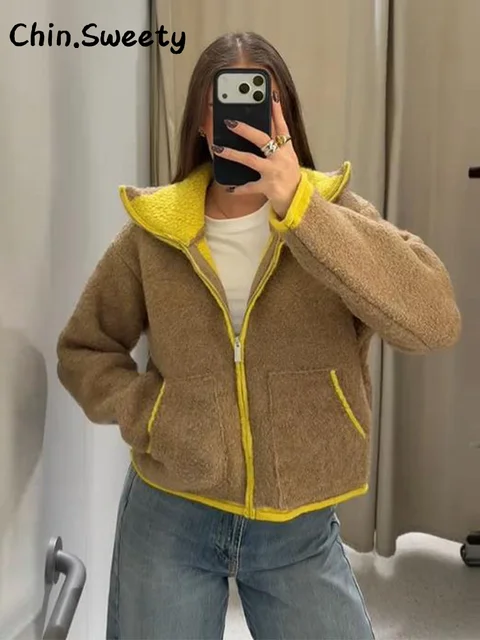 Casual Women's Contrast Color Knitted Coats Stand Collar Full Sleeve Zipper Pockets Jacket 2025 Autumn Winter Lady Warm Outwear 3