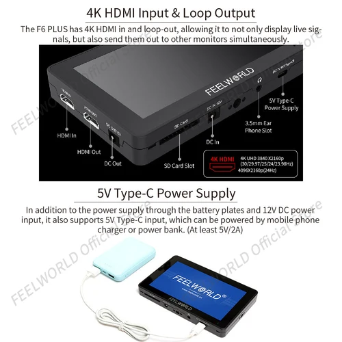 FEELWORLD 카메라 DSLR 필드 모니터, 6 인치, 3D LUT 터치 스크린, IPS FHD 1920x1080 비디오 초점 보조, 4K HDMI 지원, F6 PLUS V2 5