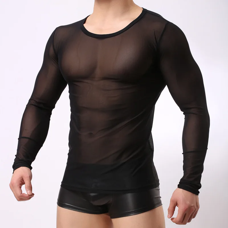 Men's Transparent Mesh Long Sleeve Tops Gay Night Club Clothing Gauze Tights T Shirts Black White See Through Undershirt