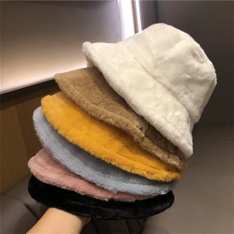Winter Plush Bucket Hats For Women Outdoor Thick Warm Panama Cap Solid Leopard Soft Faux Fur Lady Girls Streetwear Fisherman Hat bucket hat,women bucket hat,women hat