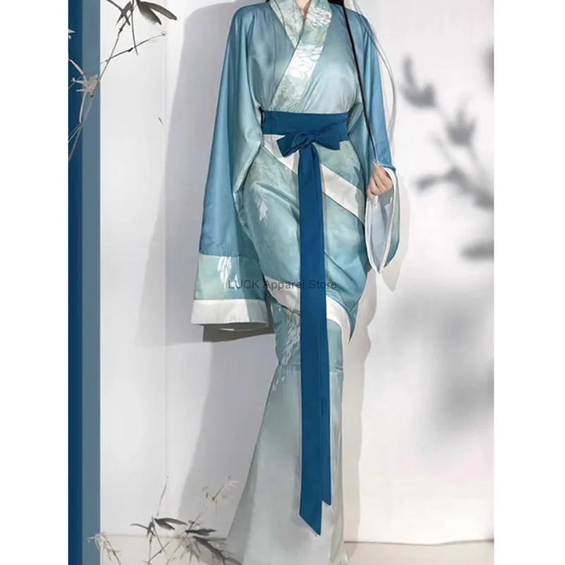 

Hanfu Double Wrapped Around The Lake Blue Fish Tail Hanging Hu Sleeves Curved Train Non Film Studio Ancient Costume