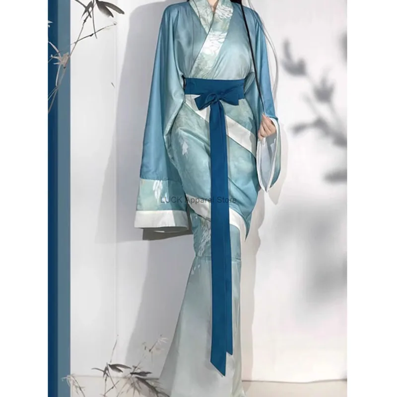 Hanfu Double Wrapped Around The Lake Blue Fish Tail Hanging Hu Sleeves Curved Train Non Film Studio Costume Antico