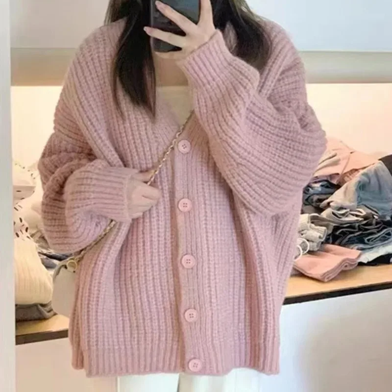 

Korean Oversized Sweater Coat Women Fall Winter Clothing Preppy Style Solid Casual Fashion Knitting Cardigan Tops Sueter Mujer