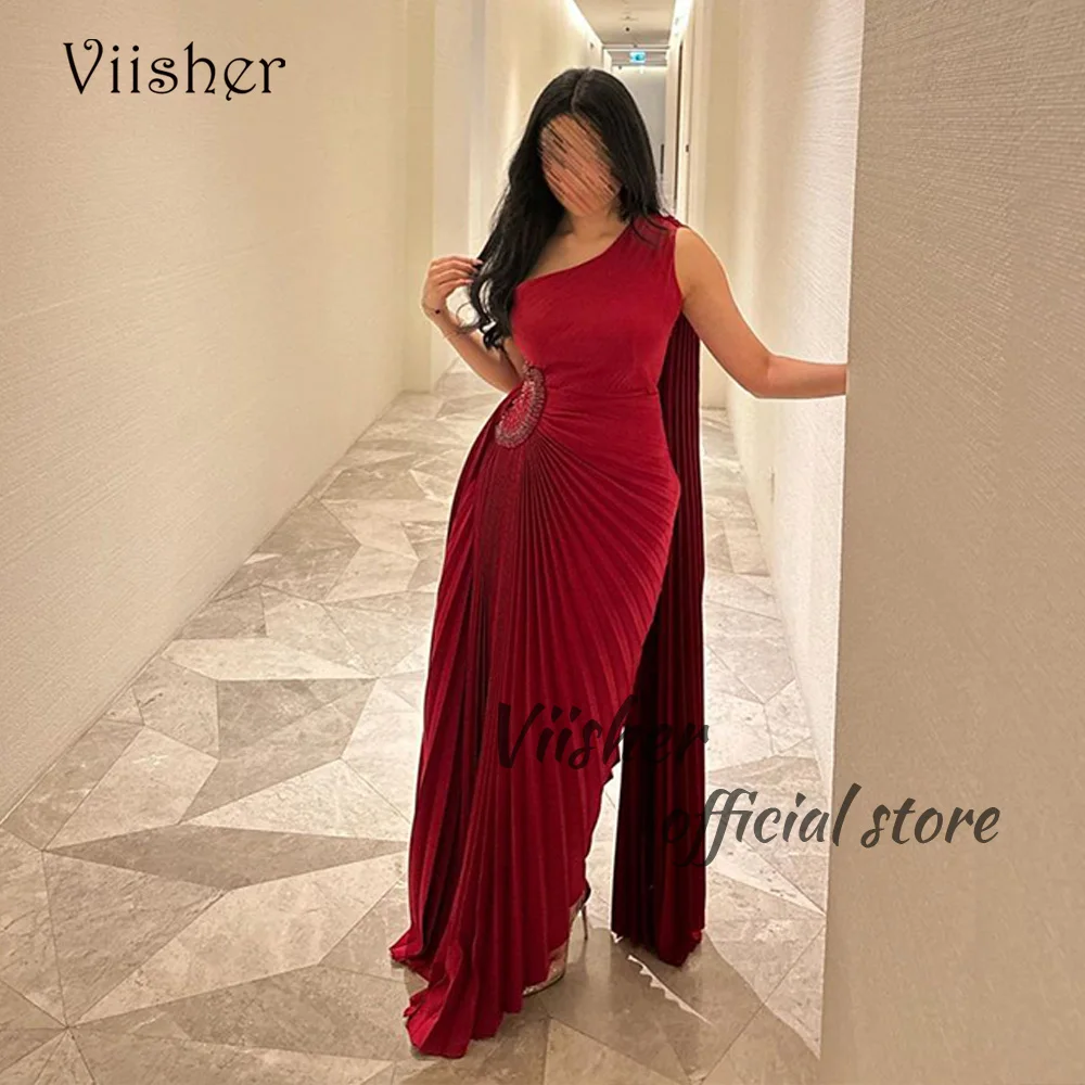 

Viisher Burgundy Mermaid Evening Dresses One Shoulder Pleats Satin with Beads Long Dubai Arabia Formal Prom Dress Floor Length