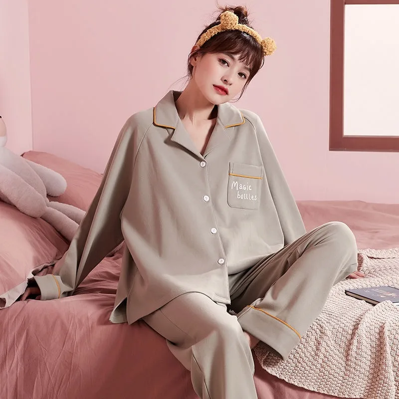 

2024 New Pajama Women's Spring Autumn Cotton Long Sleeved Sleepwear Two-piece Korean Cartoon Loungwear V-neck Oversized Homewear