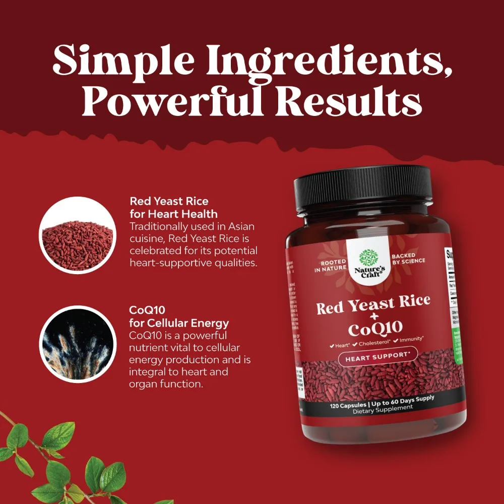 Red Yeast Rice Supplement 1200 Mg Per Serving for High Cholesterol Coenzyme Q10 Capsules 100 Mg Per Serving for Heart Health