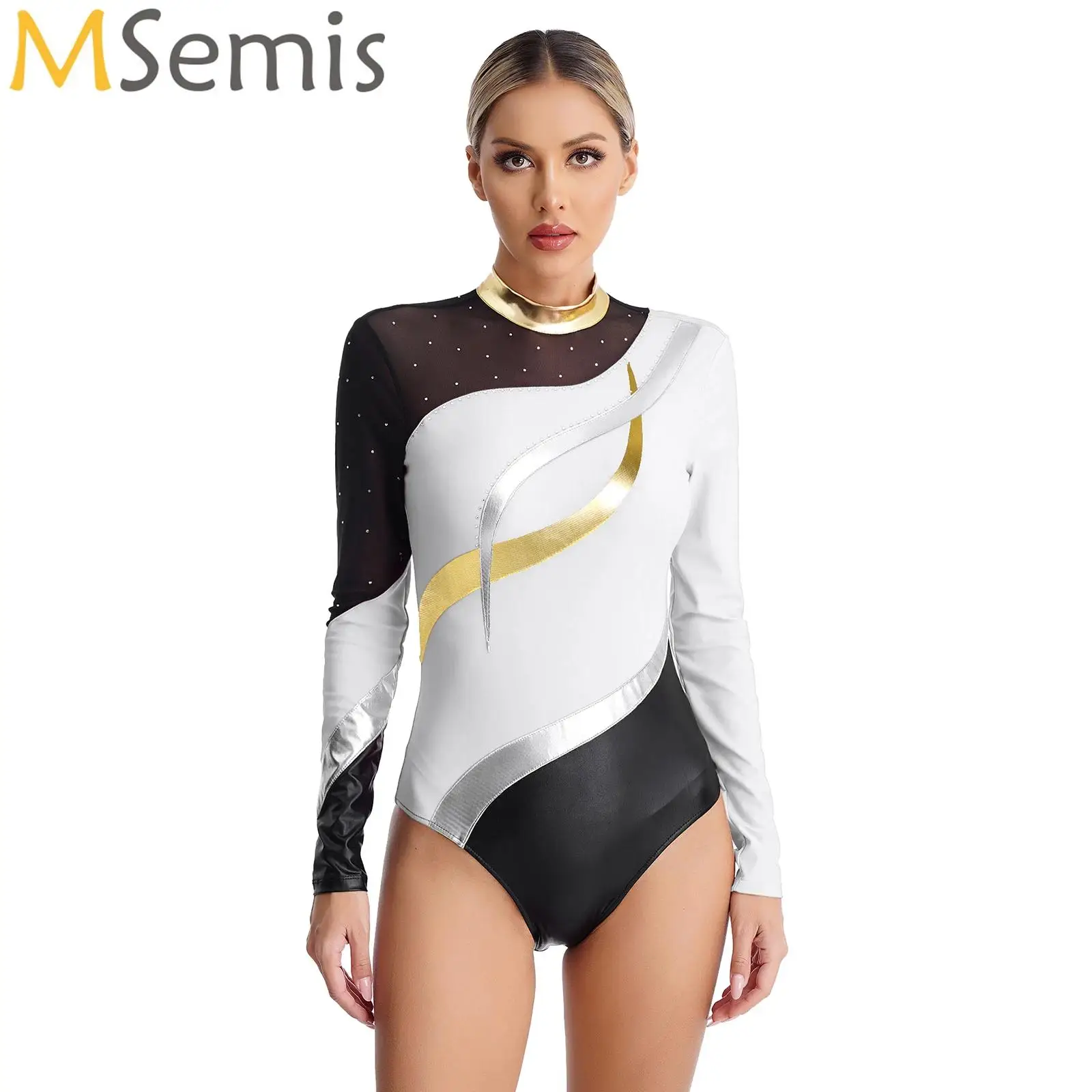 

Womens Color Block Dance Ballet Leotard Shiny Cutout Long Sleeve Bodysuit Jumpsuit Gymnastics Figure Skating Performance Costume