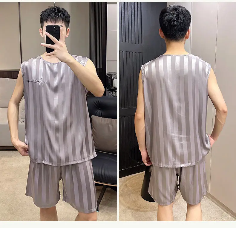Herren-Pyjama aus Eisseide in Übergröße, Homewear-Oberteil und -Hose, Jugend-Schlafanzug, Loungewear, zweiteiliges Set, modische, gestreifte, lässige Nachtwäsche – Detail 6