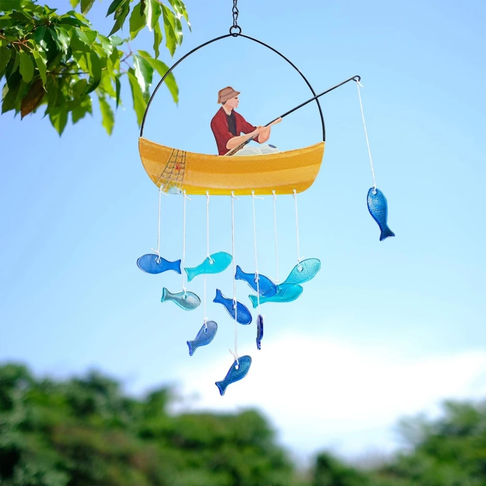 Fishing Wind Chimes for Outside Blue Sea Glass Wind Chimes Garden Decor Windchimes Outdoors Suncatcher Gift for Women, Mom