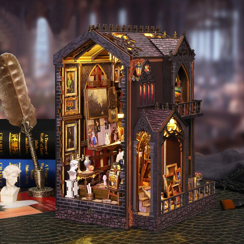 Wooden Miniature Dollhouse Bookshelf Room 3D Puzzle Set - Creative Bookend Toys