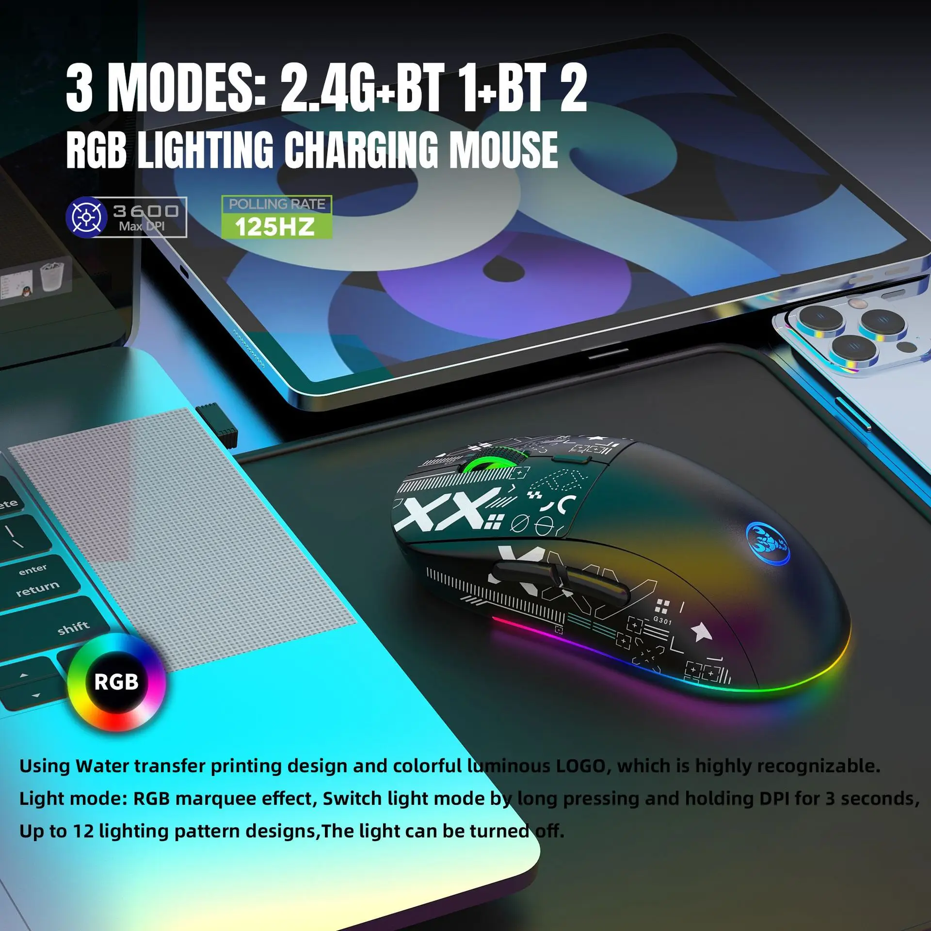 무선 게임 마우스 물 전송 Slient RGB 발광 마우스, TYPE-C 충전 지지대, T90 3 모드, 2.4G, BT1, BT2, 도매