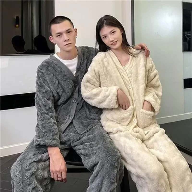 

Sleep 2023 Men's Elastic Pajama 2pcs/set Waist Fleece Soft Pyjama Thick Simple Pyjamas Homewear Couple Flannel Women Warm Winter