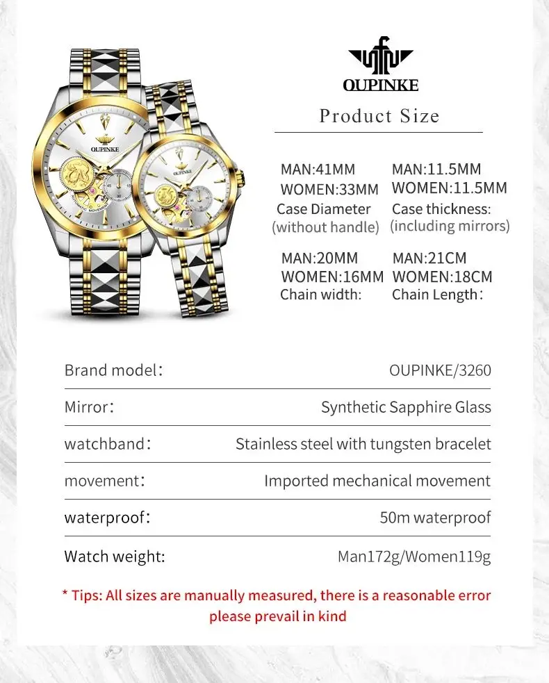 OUPINKE 3260 Automatic Couple Watch Real Diamond Import Mechanical Movement Hollow Wristwatch Sapphire Mirror Waterproof Watches