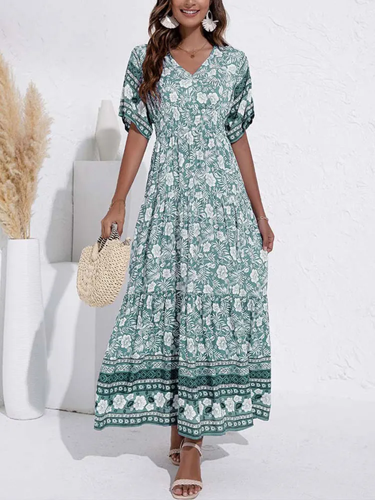 

2023 Summer Maxi Boho Dress Women Elegant Long Floral Dress Ladies Flower Print Bohemian Party Dress For Women