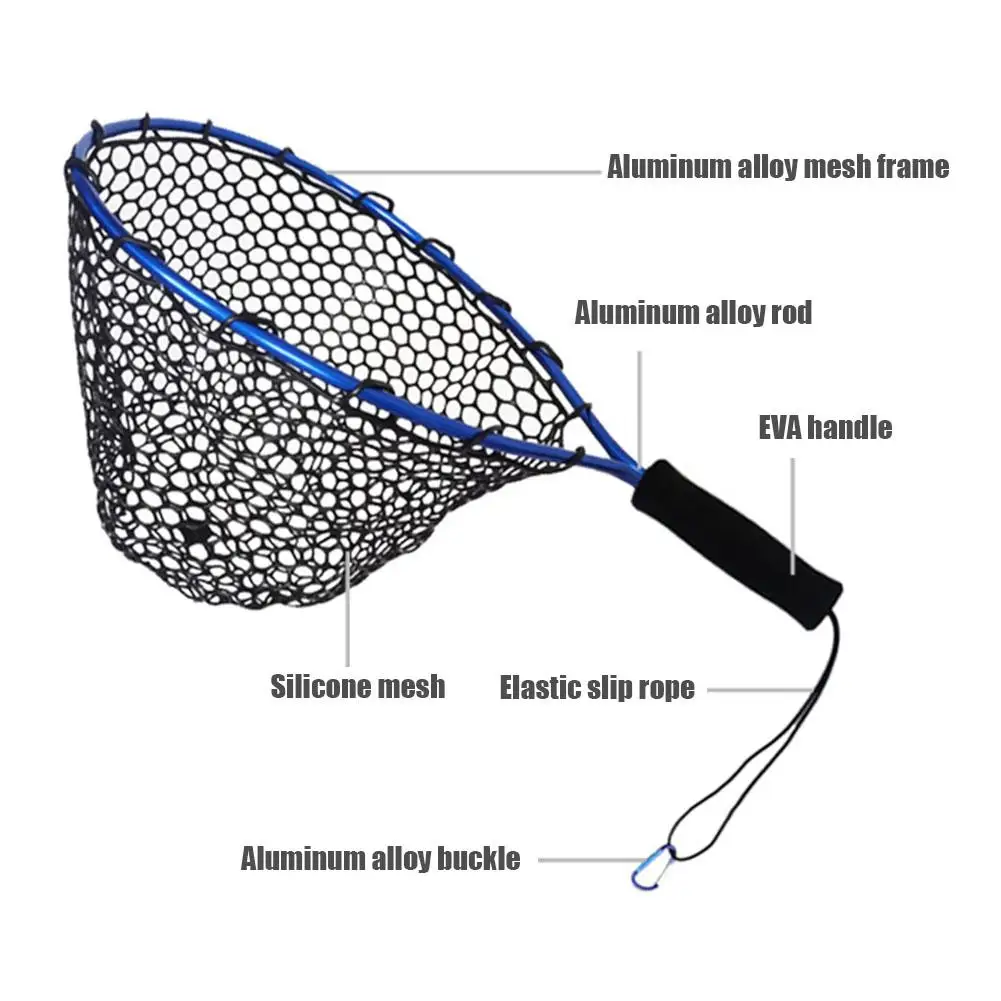 Portable Fishing Net Soft Silicone EVA Handle Elastic Strap And Carabiner  Fish Landing Net Tools