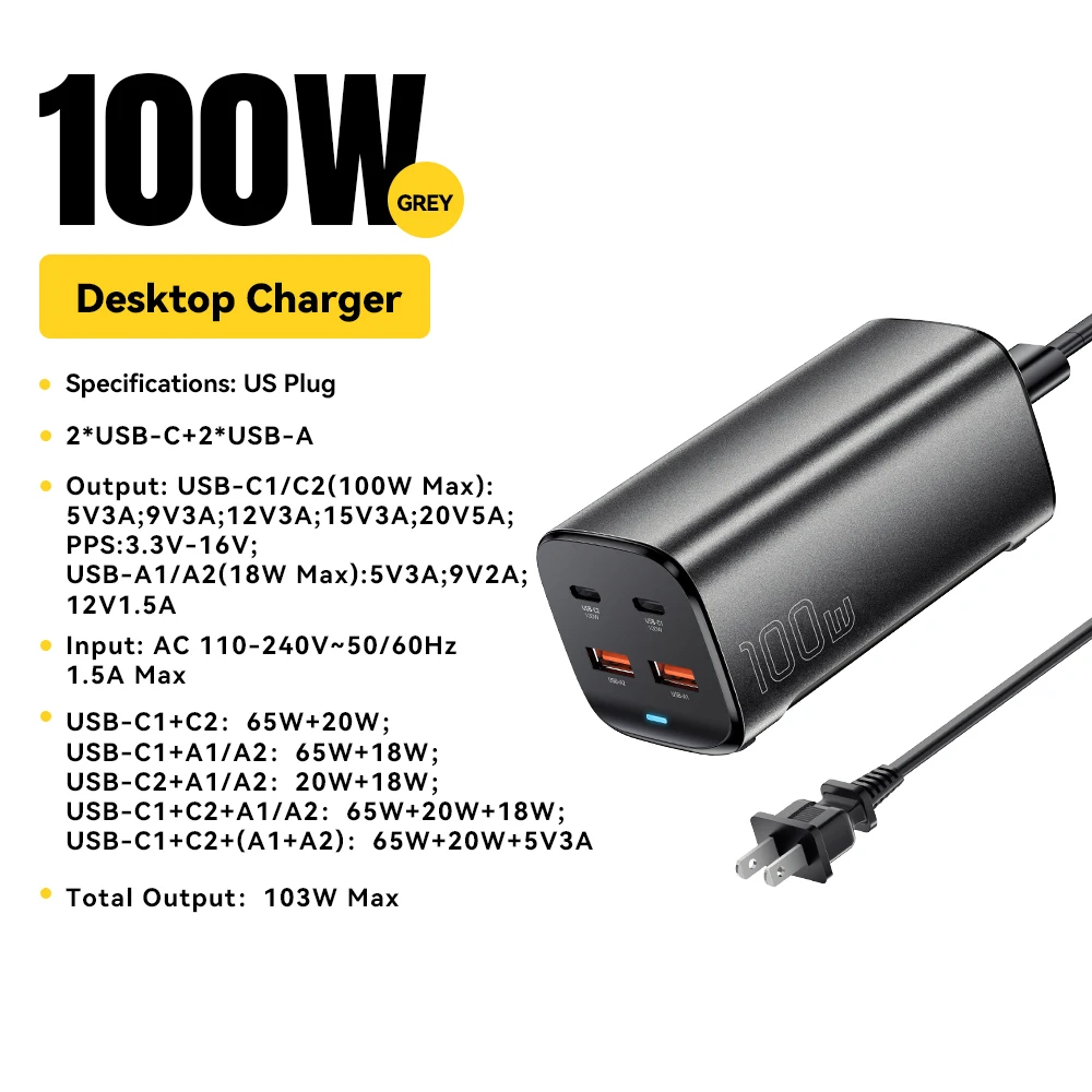 Essager 100W GaN Desktop Fast Charger - 4-in-1 Adapter