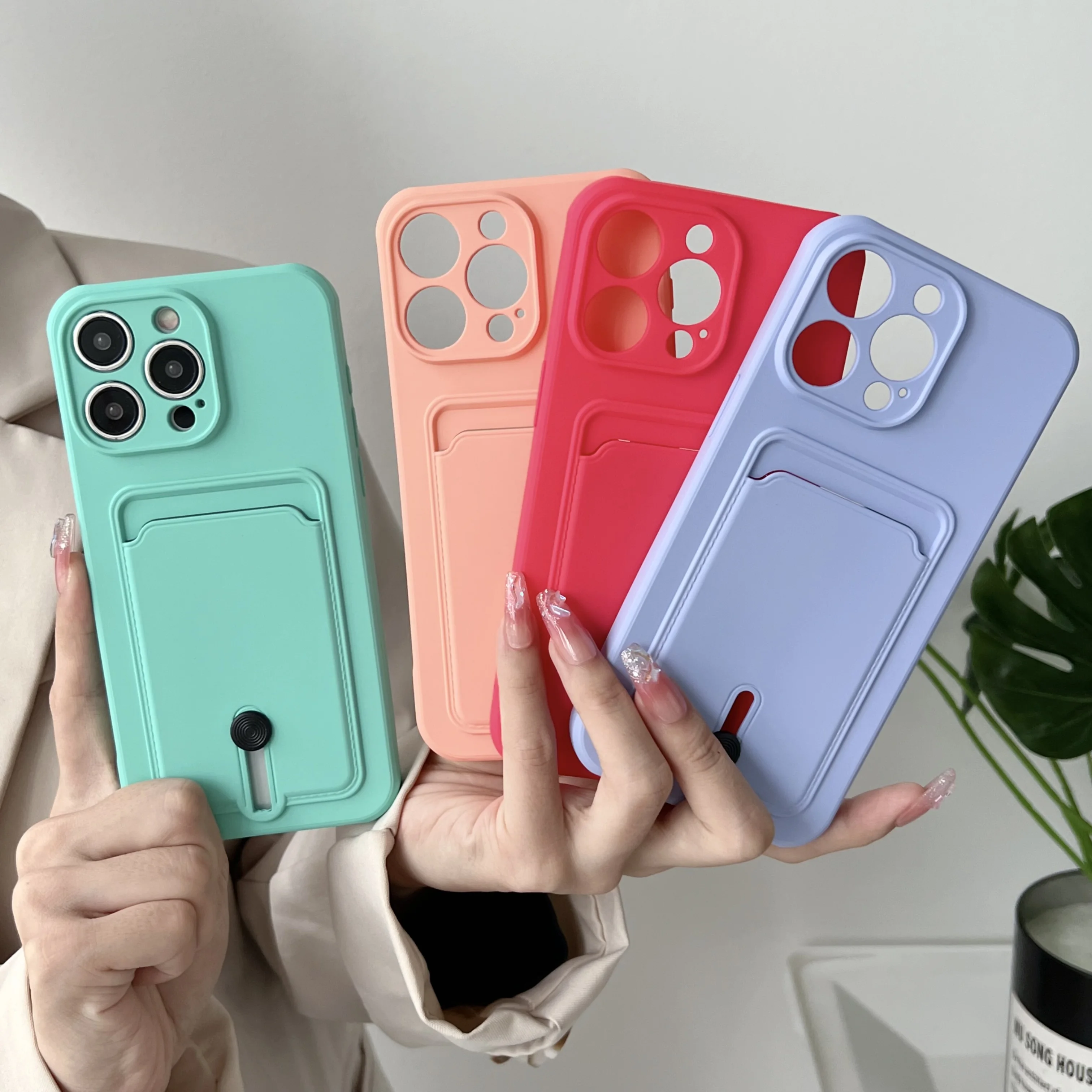 Push Card Bag Slot Holder Wallet Phone Case For iPhone 15 14 11 12 13 Pro Max Plus Shockproof Soft Matte Silicone Back Cover 2