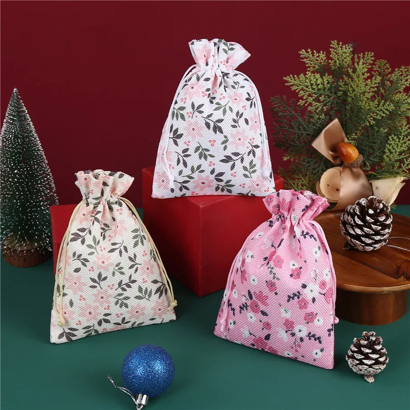 50pcs/lot 10x14, 13x18cm Cotton Linen Bag Wedding Party Favor Gift Packaging Bags Flower Printing Drawstring Pouches