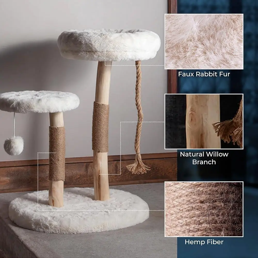 Luxury Cat Tree Condo Indoor Cat Tower with Faux Fur Bed Scratching Posts Natural Wood Platform Play House Interactive