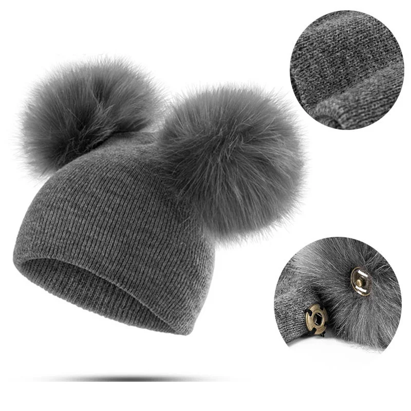 Beanies Infant Newborn Baby Hat Pompon Winter Children Hat Knitted Cute Cap with Two Double Pom Pom Ear For Girls Boys 3