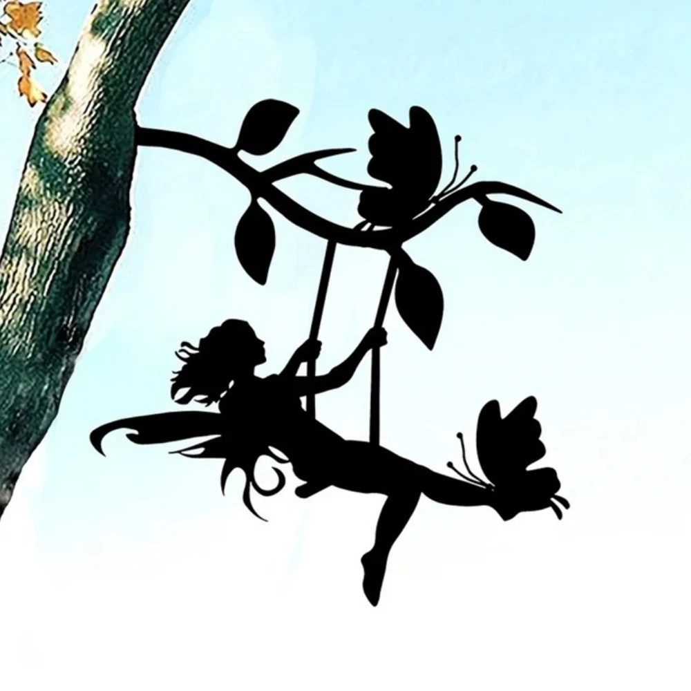 Fairy Silhouette Statue Metal Branch Decoration Angle Metal Stake Outdoor Garden Butterfly Flower Decor Branch Tree Art