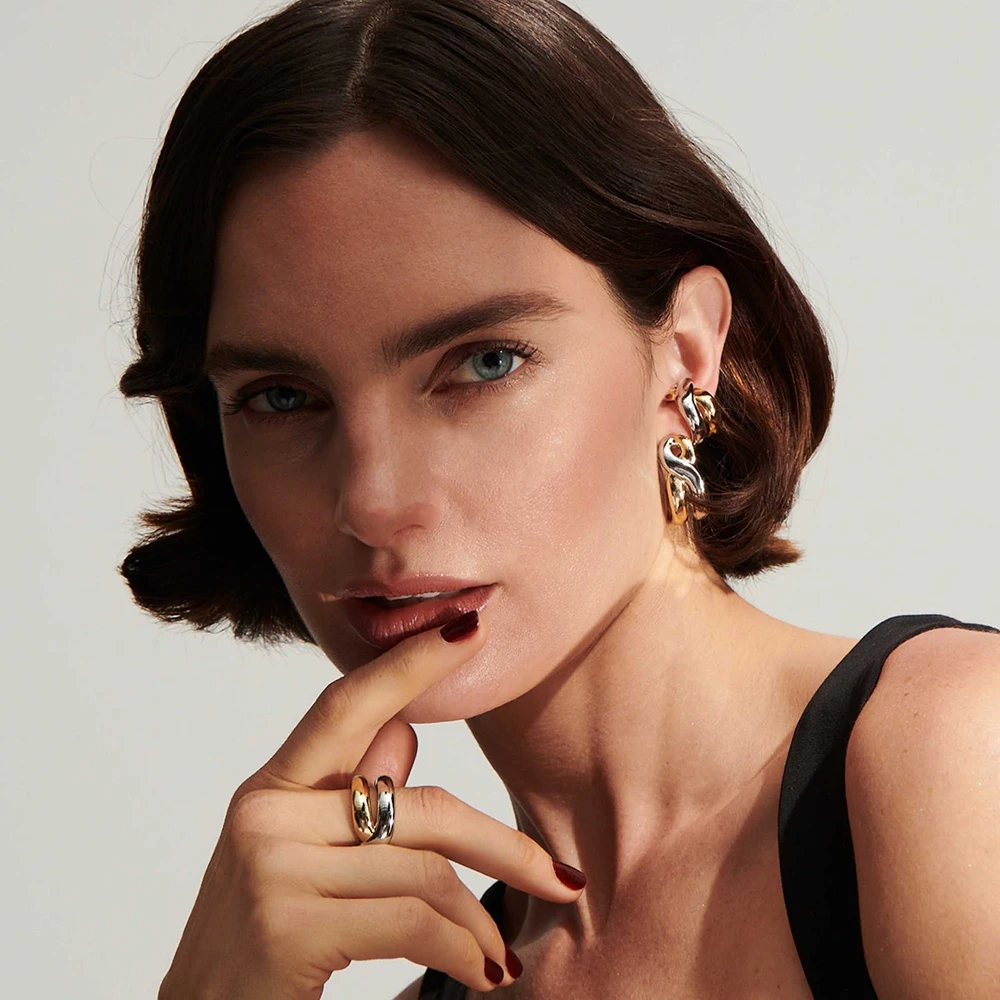 2026 Classic New Twisted Ripple Gold&silver Two-tone Huggie Hoop Earrings Geometric Spiral Lightweight Stainless Steel Jewelry